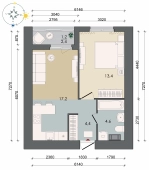 1-комнатная квартира 40.80м²
